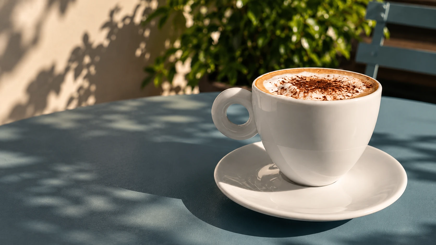 A KYP cappuccino in a white cup on a café table