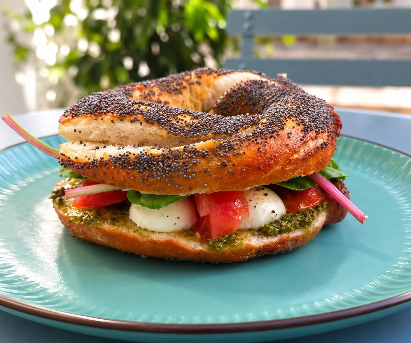 Freshly filled bagel on a green plate at KYP