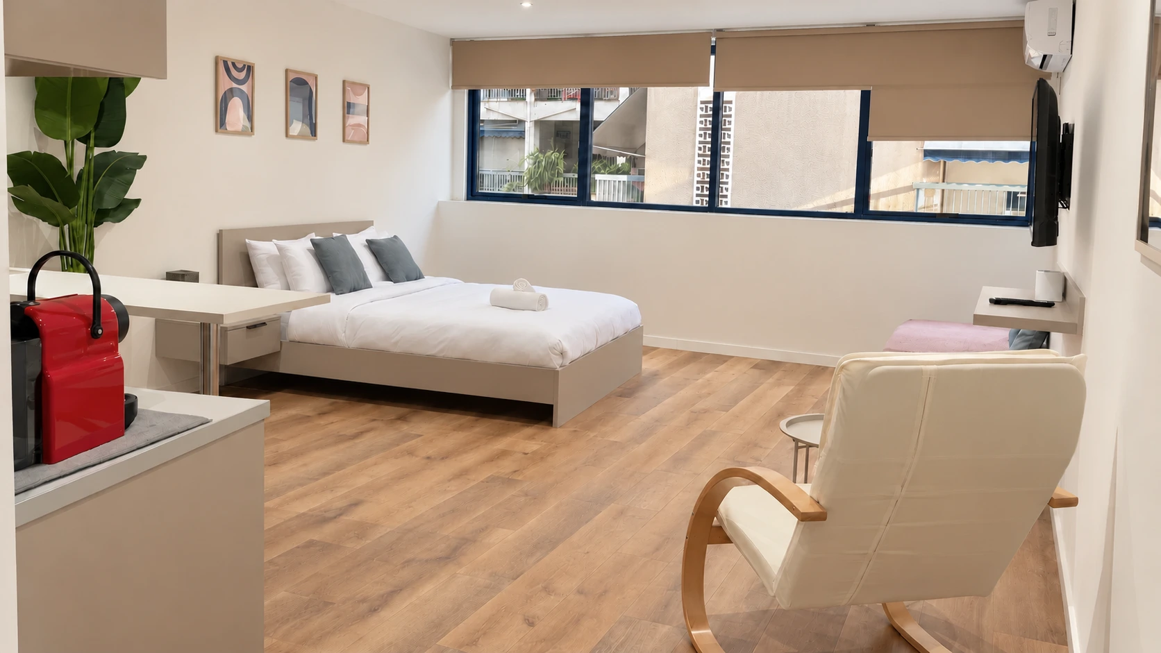 A Figleaf studio with kitchenette and lounge area