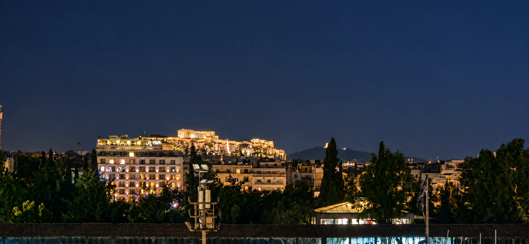 The illuminated Acropolis photographed from our balcony suite